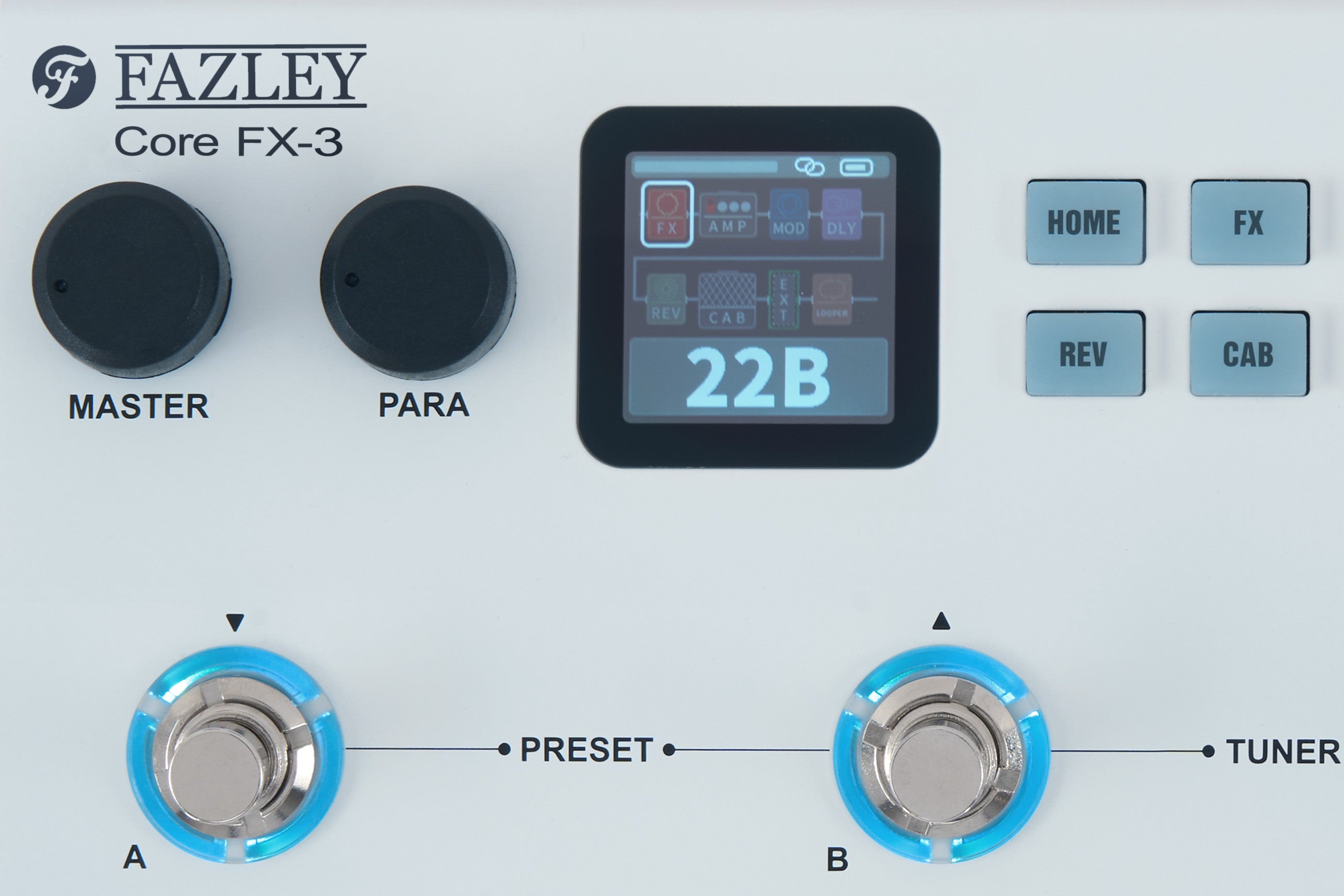Närbild på Fazley Core-FX3 multieffektpedal