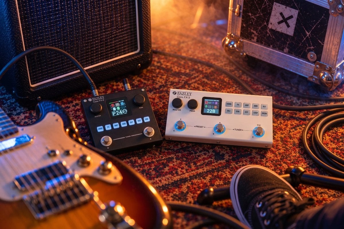 Fazley Core-FX2 och Core-FX3 multieffektpedaler på golvet bredvid en gitarrförstärkare